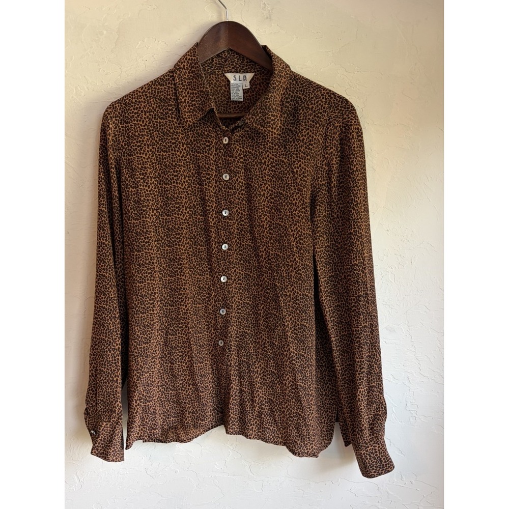 Vintage 90s Y2K 100% Silk SLB Animal Print Button Up Top L Whimsigoth Boho